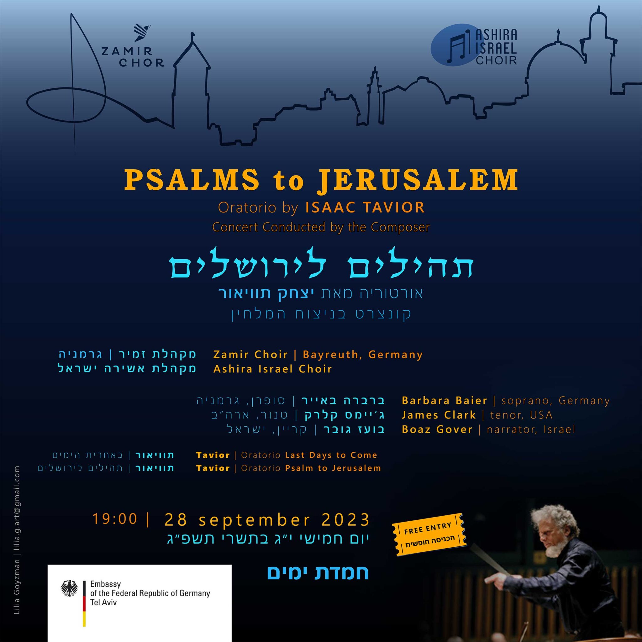 Plakat „Psalms to Jerusalem“ – Oratorium von Isaac Tavior mit Zamirchor und Ashira Israel Choir, 28. September 2023