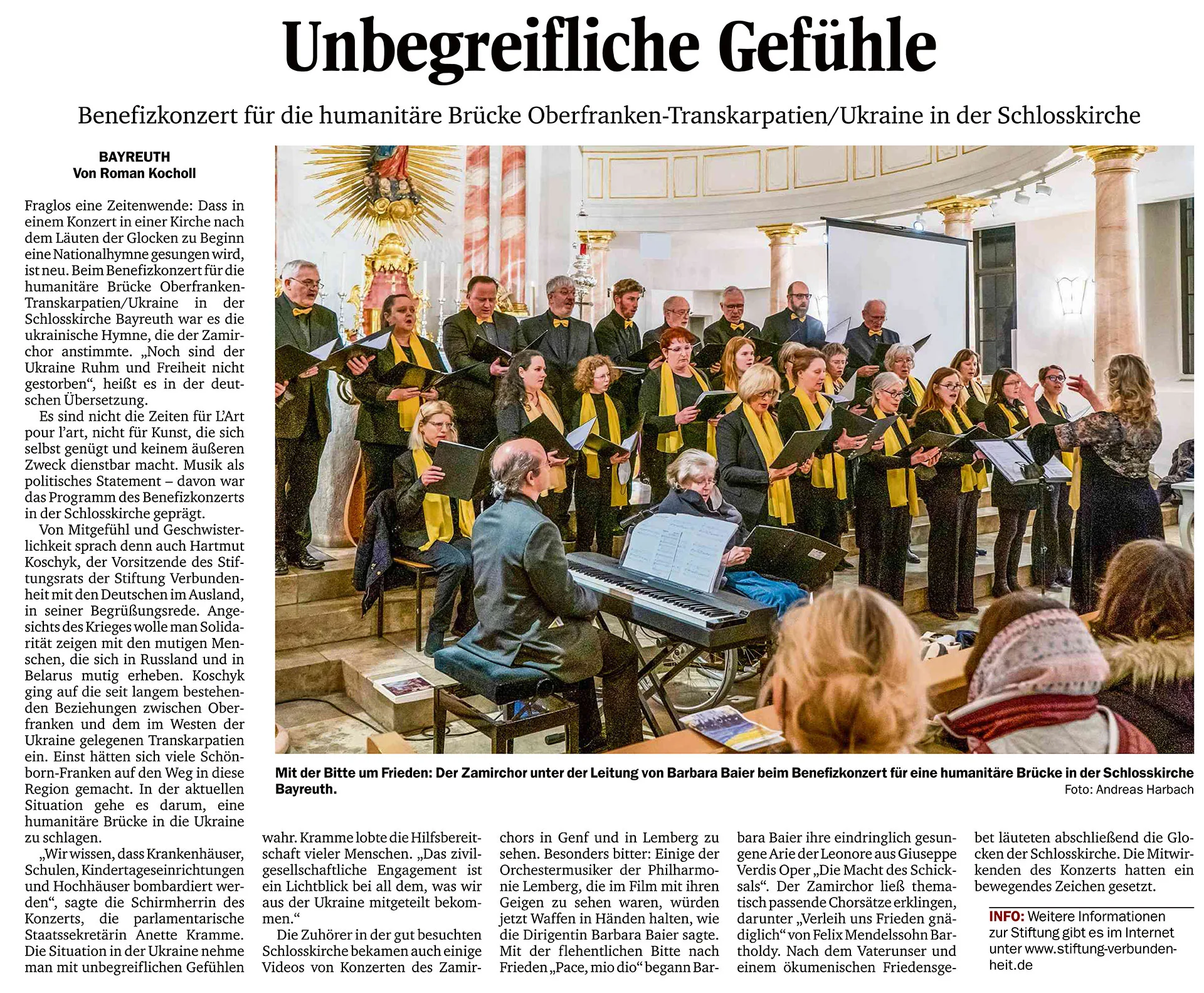 Zeitungsbericht „Unbegreifliche Gefühle“ über das Benefizkonzert des Zamirchors für die Humanitäre Brücke in der Schlosskirche Bayreuth